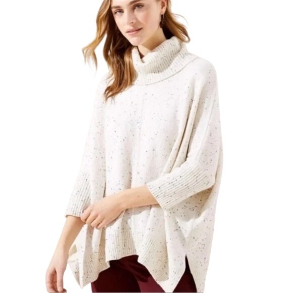 LOFT Petites Cream Speckled Turtleneck Poncho Sweater | SP